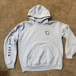 Riot Society Hoodie Sweatshirt Mens Medium Blue Sugee Cat‎ Pullover Heavyweight